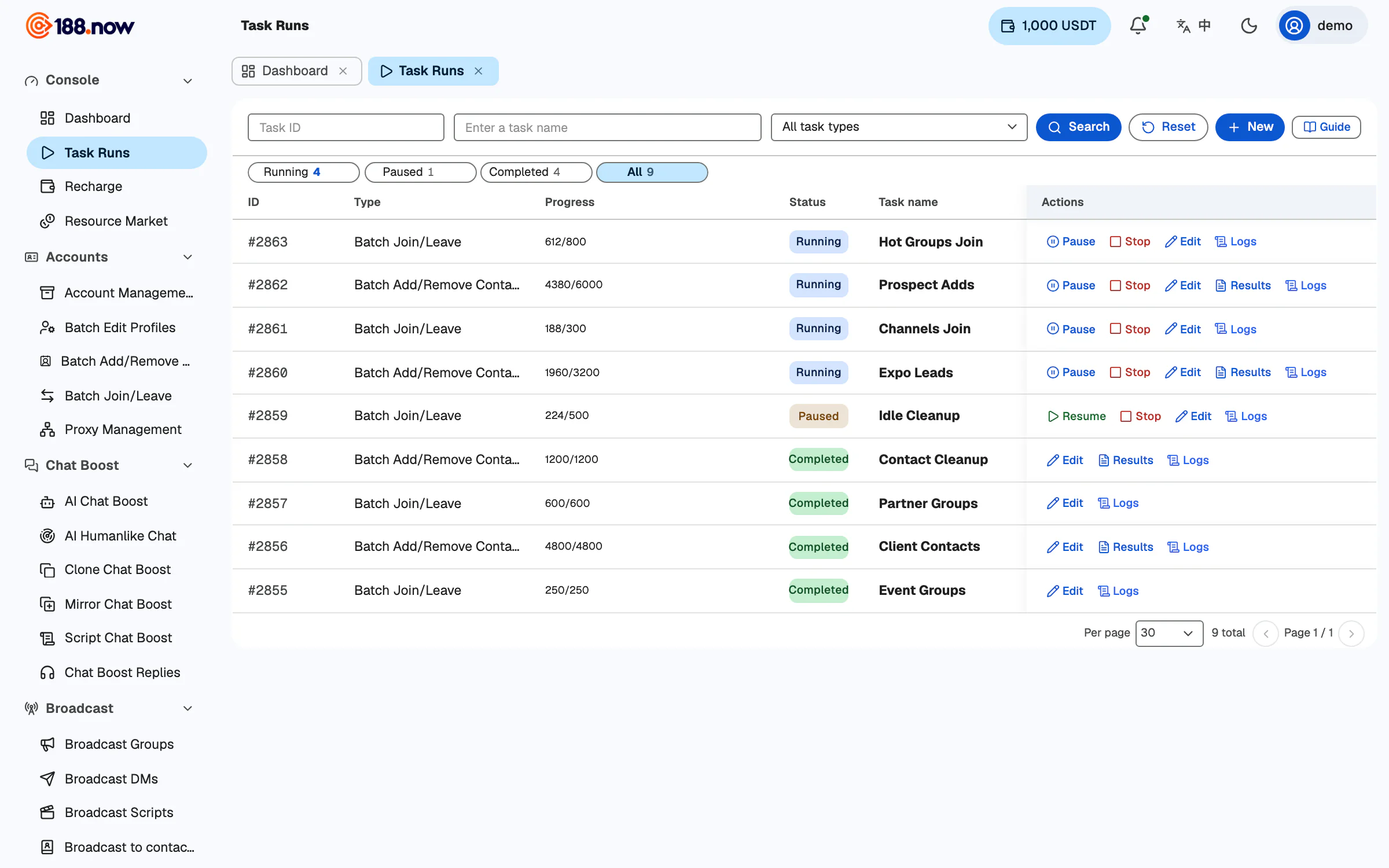 Bulk contact adding and group joining: many tasks running in parallel with live progress