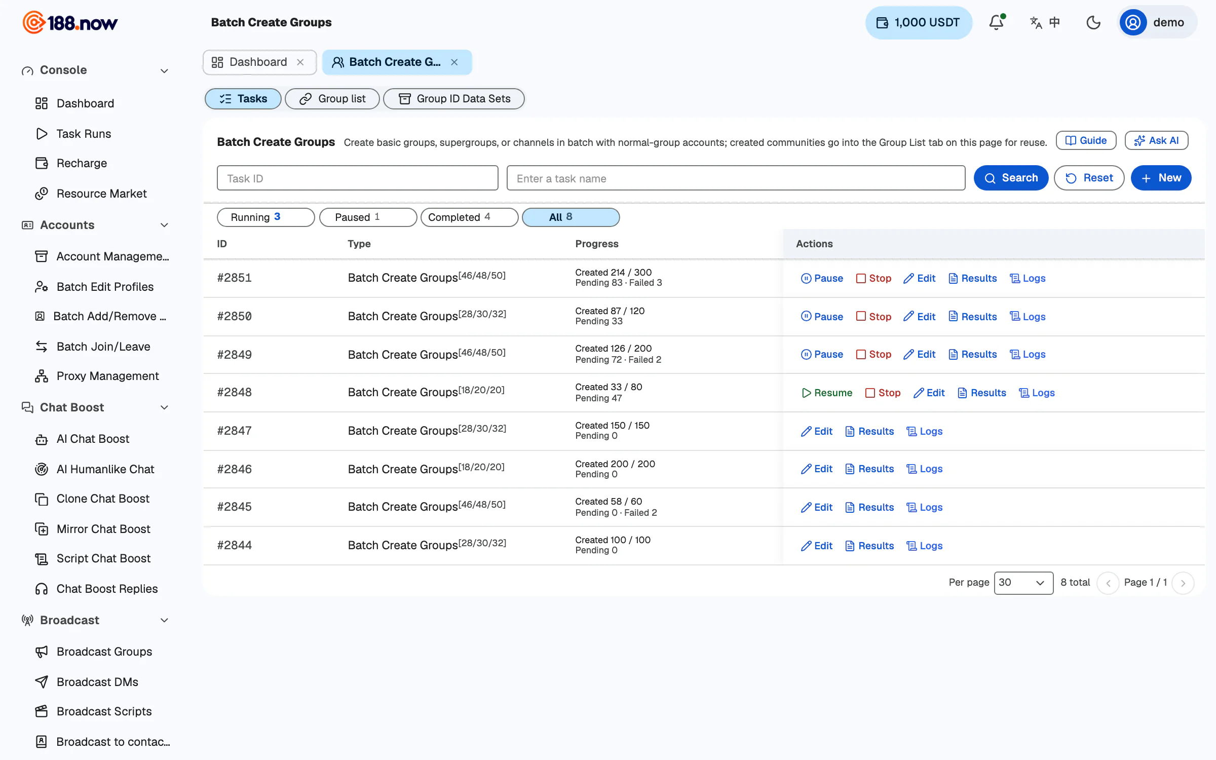 Batch group creation: several tasks running at once with live created counts