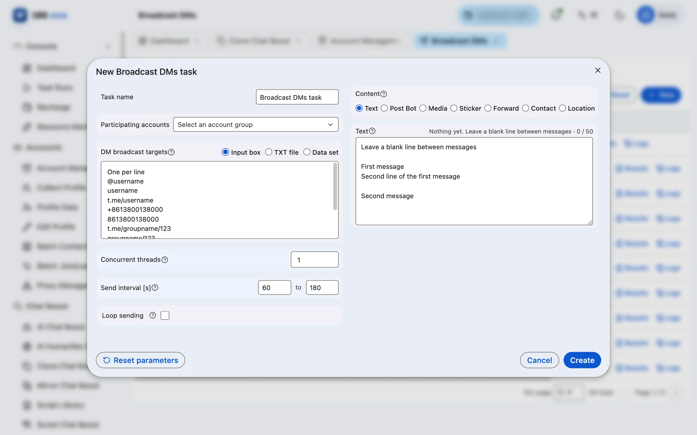 Bulk DM task settings preview