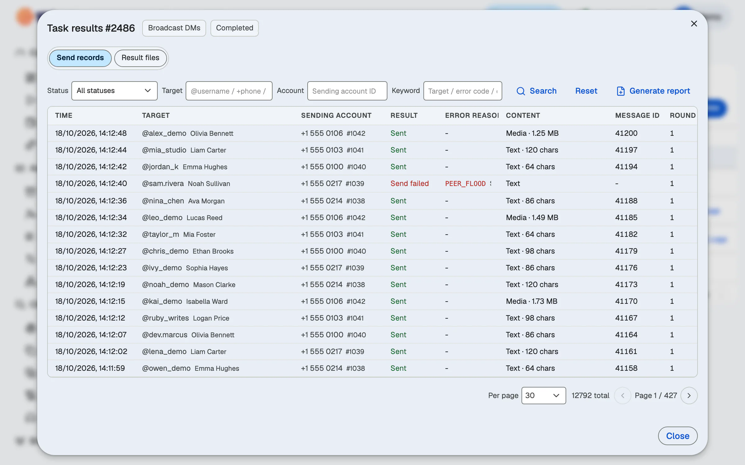 Broadcast results: per-message delivery records and success rate